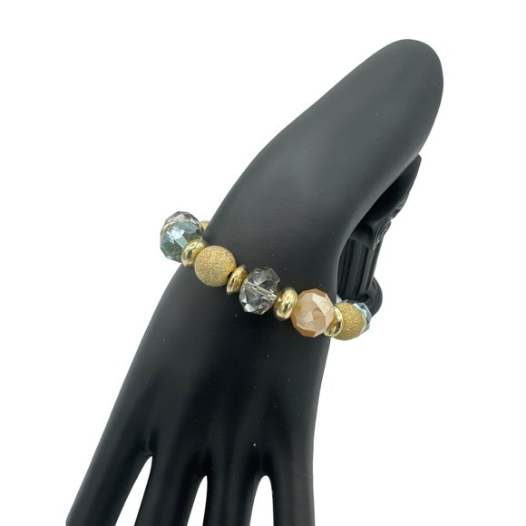 Nicole Faceted Beaded Stretch Bracelet in Tones of Blue Green and Gold - Picture 2 of 6